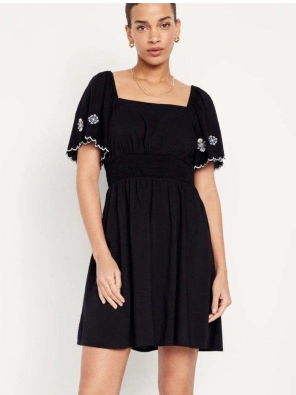 Old Navy Waist Defined Flutter Sleeve Embroidery Smocked Mini Dress Cotton S